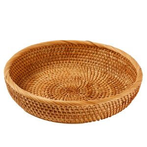 i-lan 10 inch round bread baskets with 2" wall, rattan fruit basket with rolled edge, decorative natural basket wicker bowl for nuts, candy catch all dish, storage, coffee table, brown, l