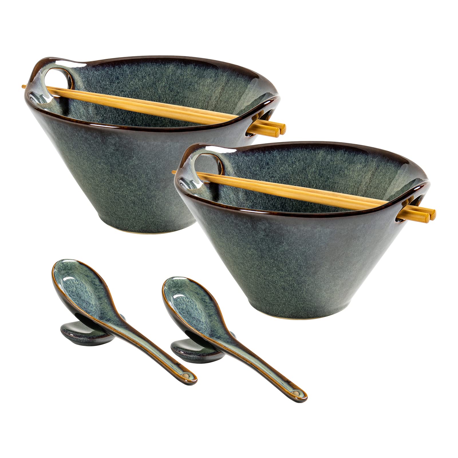 UNICASA Japanese Ramen Bowl Set with Chopsticks, Spoons and Rests, 26oz Deep Porcelain Noodle Bowl Set of 2 for Udon, Pho, Salad, Soup (Teal Green)