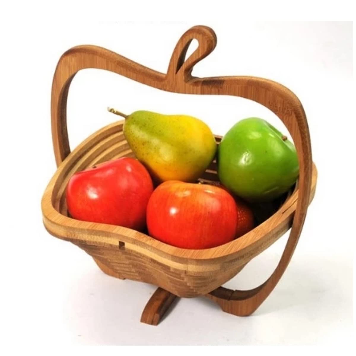 Natural Bamboo Foldable Fruit Basket 12“x11"- Collapsible Creative Apple Shaped Fruit Bowl Multifunction Heat Resistant Bamboo Trivets Pot Mat Hot Pan Pads for Kitchen Table