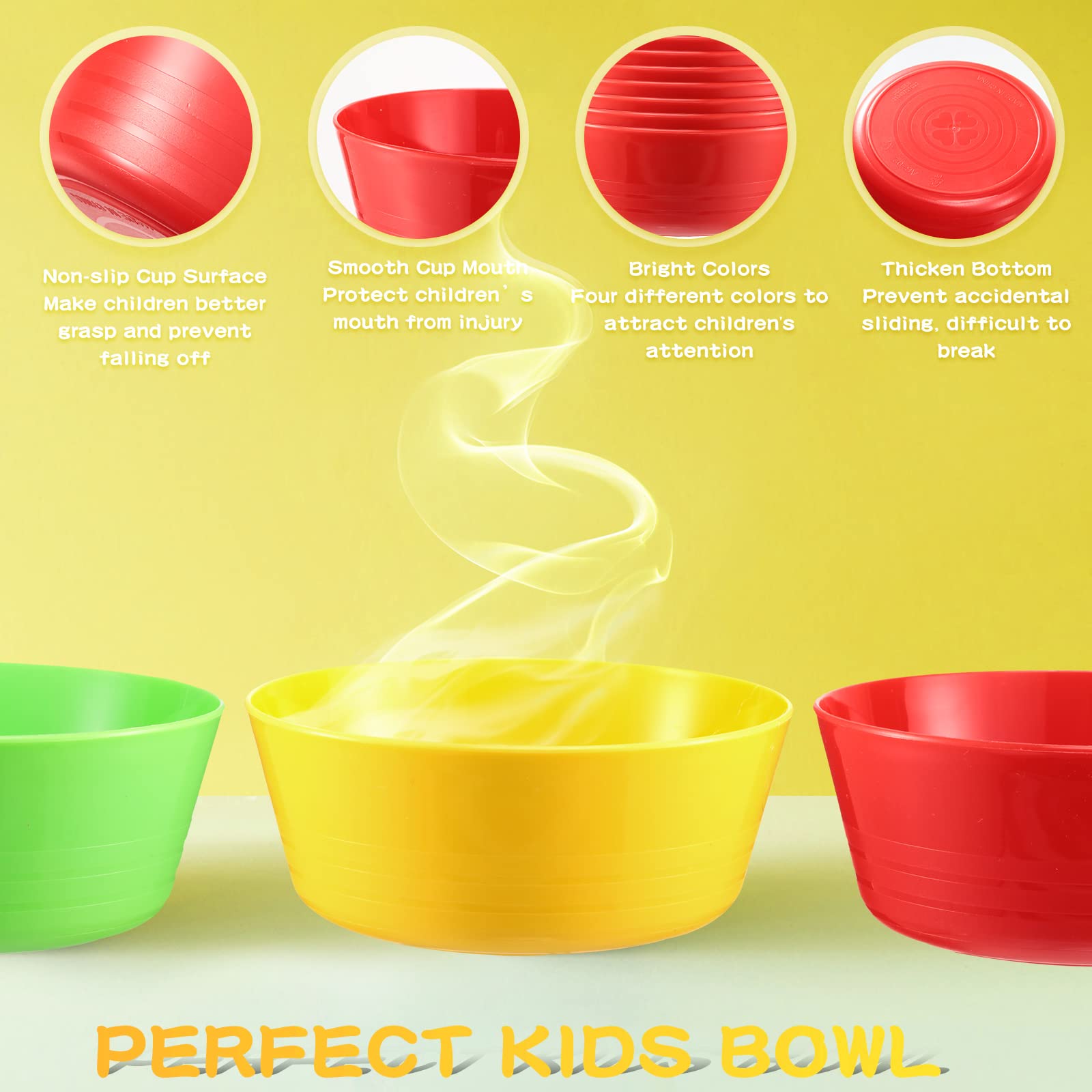 Yinder 36 Pcs Kids Plastic Bowls Set 10 oz Toddler Bowls Colorful Kids Bowls Microwave Dishwasher Safe Cereal Bowls Salad Dessert Soup Bowls for Home Parties Events School, Red Green Blue and Yellow
