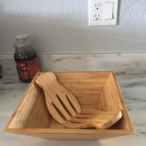 JB Home Collection 4563, Large Bamboo Salad Bowl Set with 2 pieces Salad Hand Server Forks - Great for Serving Fruit, Salad, Pasta, Wood Brown 11"x11"