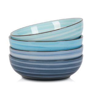 selamica ceramic 36 ounce large pasta bowls set, 8 inch salad bowls, wide and shallow porcelain soup bowls, stackable serving bowls, microwave dishwasher safe, gift, set of 4, gradient blue