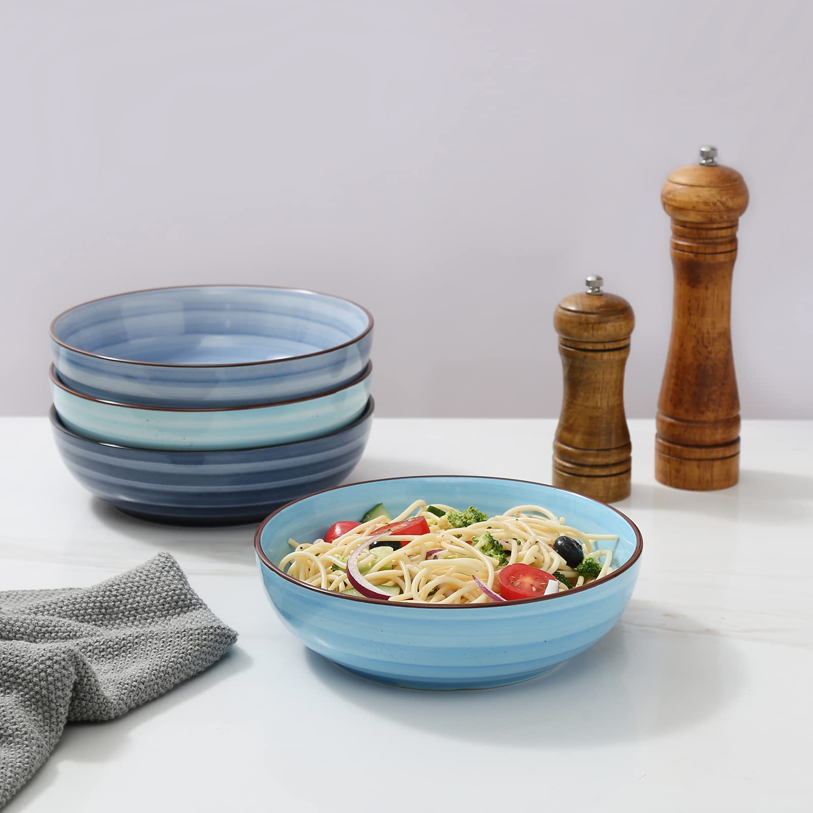 Selamica Ceramic 36 Ounce Large Pasta Bowls Set, 8 Inch Salad Bowls, Wide and Shallow Porcelain Soup Bowls, Stackable Serving Bowls, Microwave Dishwasher Safe, Gift, Set of 4, Gradient Blue