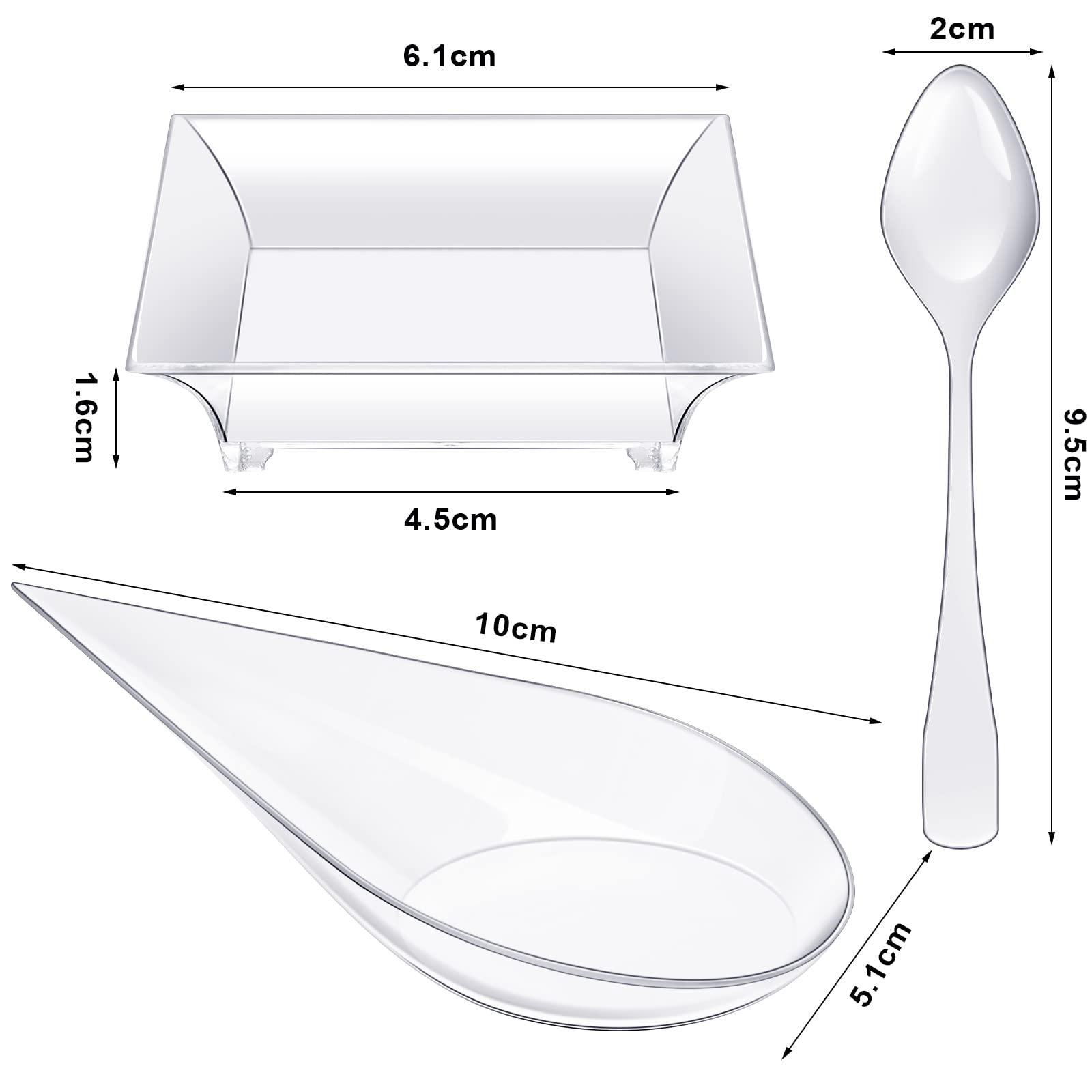 400 Pcs Mini Dessert Plates with Tasting Spoons Disposable Serving Trays 100 Pcs Small Square Appetizer Plates 100 Pcs Clear Plastic Plates 200 Pcs Mini Spoons for Desserts Party Fruit (Water Drop)