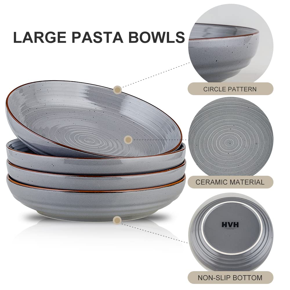 HVH 9.2 inch Large Pasta Bowls Set of 4, 40oz Big Salad Bowl Set of 4, Ceramic Plates Set, Shallow Bowls, Ceramic Bowls Set Microwave and Dishwasher Safe, Farmhouse Style (Grey)