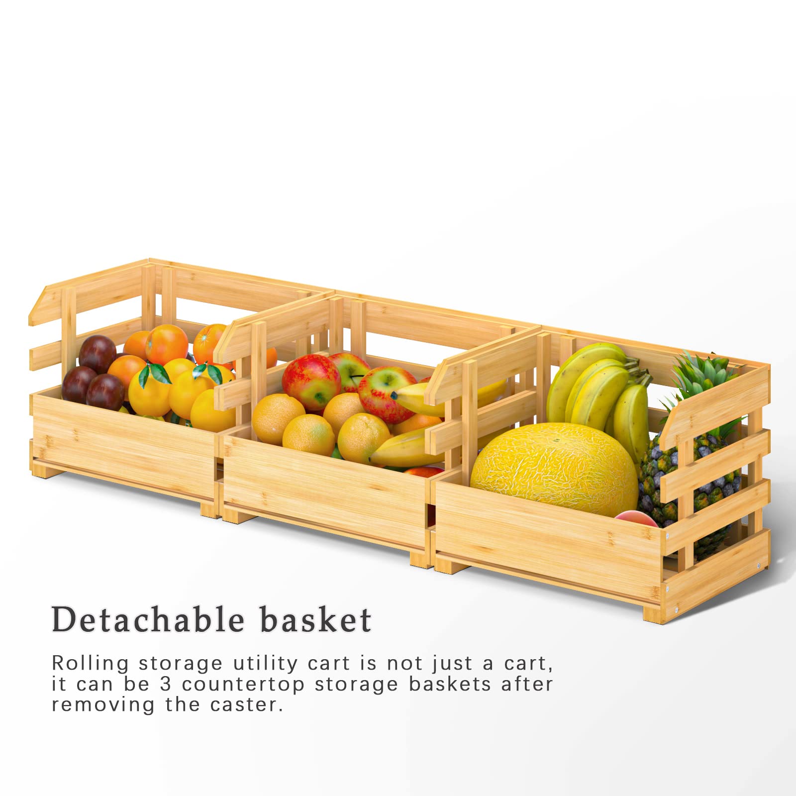 Merysen Fruits Basket for Kitchen Counter Detachable Fruit Basket Large 3-Tier Bamboo Fruit and Vegetable Storage Veggies Drinks Bread Snack