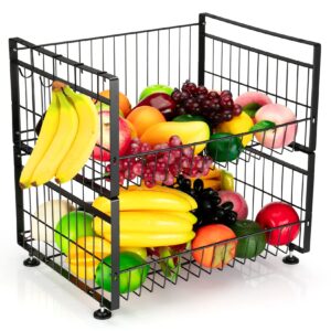 fashionwu 2 tier fruit basket with 4 removable banana hangers, fruit bowl for kitchen counter, kitchen storage organizer holder for fruit vegetable, black