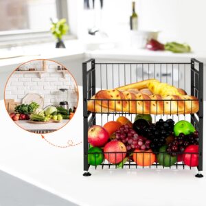 Fashionwu 2 Tier Fruit Basket with 4 Removable Banana Hangers, Fruit Bowl for Kitchen Counter, Kitchen Storage Organizer Holder for Fruit Vegetable, Black