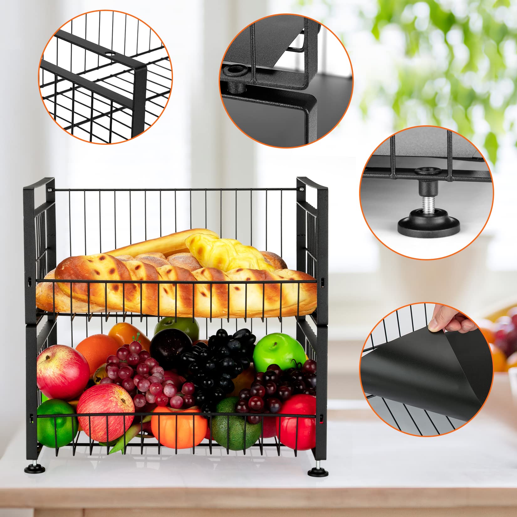 Fashionwu 2 Tier Fruit Basket with 4 Removable Banana Hangers, Fruit Bowl for Kitchen Counter, Kitchen Storage Organizer Holder for Fruit Vegetable, Black