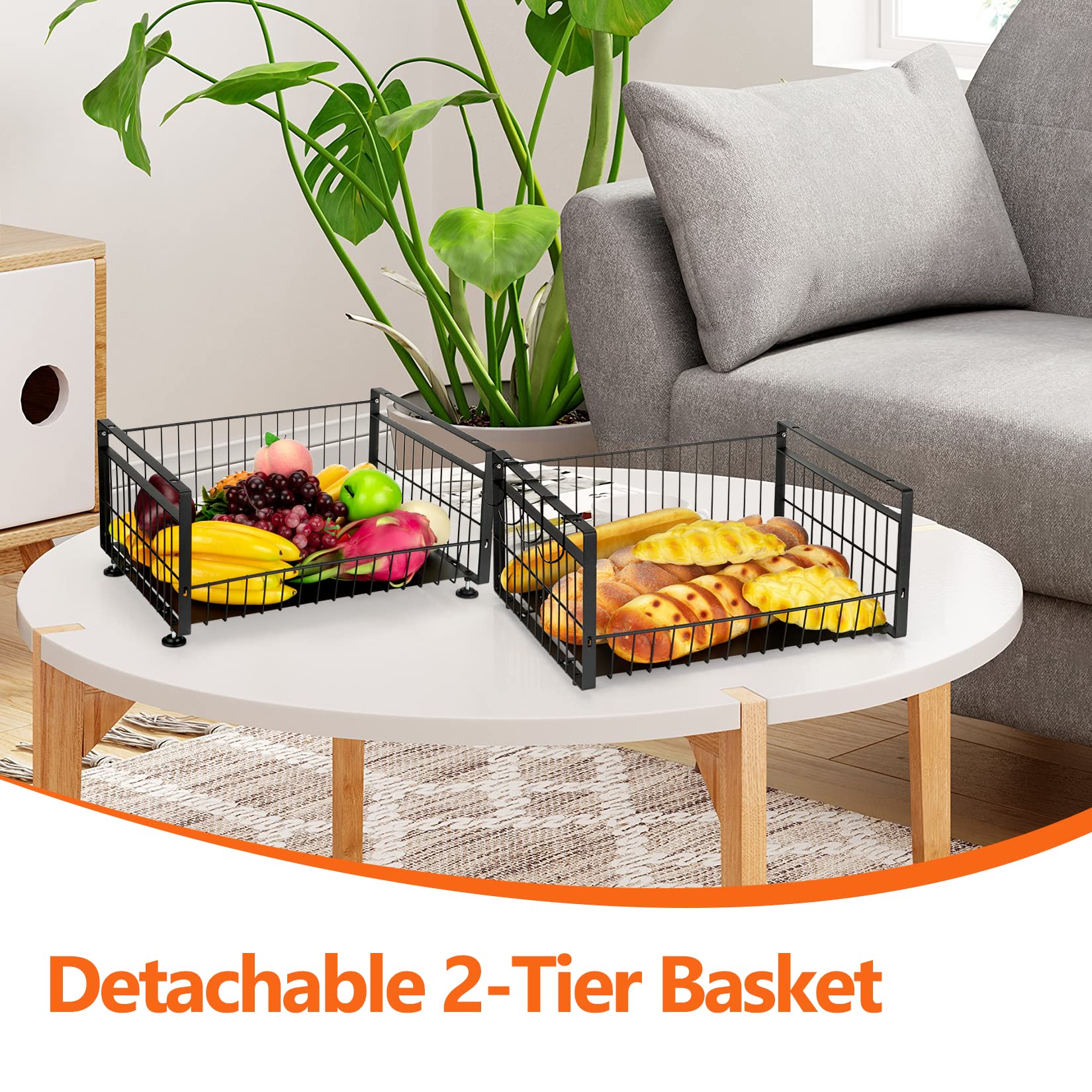 Fashionwu 2 Tier Fruit Basket with 4 Removable Banana Hangers, Fruit Bowl for Kitchen Counter, Kitchen Storage Organizer Holder for Fruit Vegetable, Black