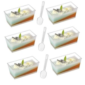 dongai 50 pcs mini plastic square dessert cup，4.75oz transparent square shot glass,for jelly yogurt pudding mousse ice cream（with 50 scoops）