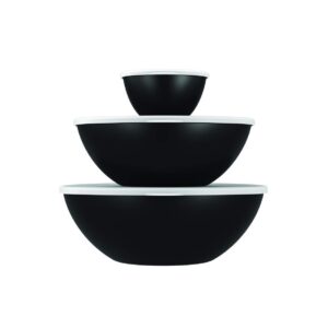 coza stackable and unbreakable serving bowl for mixing, serving, salad or dessert with lid- set of 6 (3 bowls + 3 lids) (black)