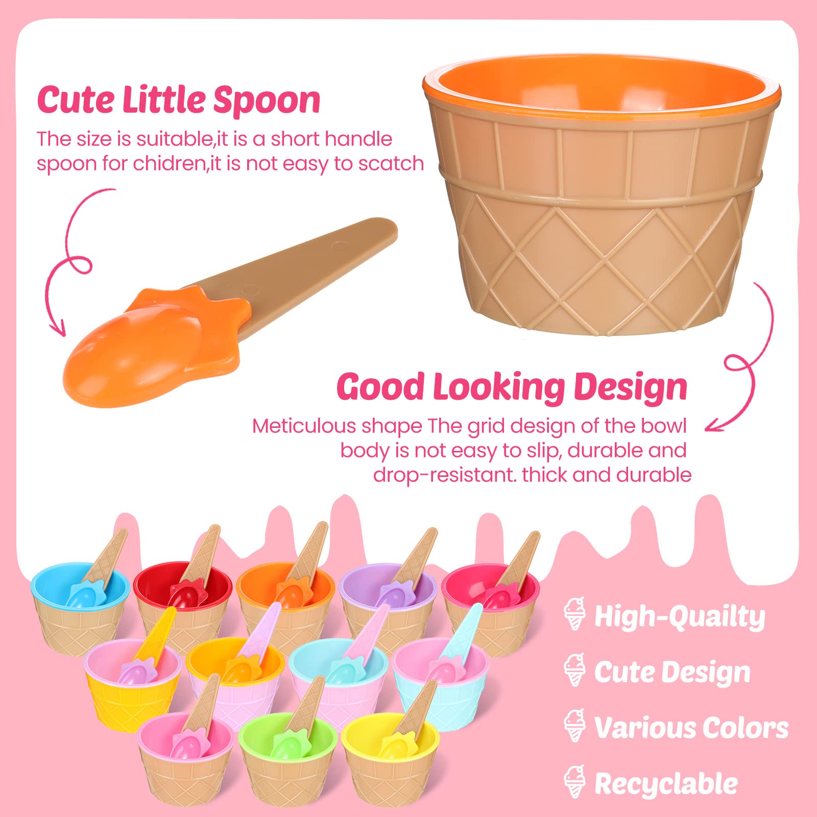 Didaey 60 Pack Ice Cream Bowls Spoons Set Plastic Ice Cream Cups Cartoon Candy Color Ice Cream Bowls Kit Dessert Sundae Frozen Yogurt Bowls for Kids DIY Baking Summer Holiday Birthday Party Supplies