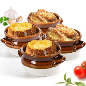 Youeon Set of 4 French Onion Soup Bowls with Handles, 16 Oz French Onion Soup Crocks Oven Safe, Ceramic Soup Bowls Dishwasher & Microwave Safe, for Beef Stew, Chili, Pot Pies, Baked Cheese