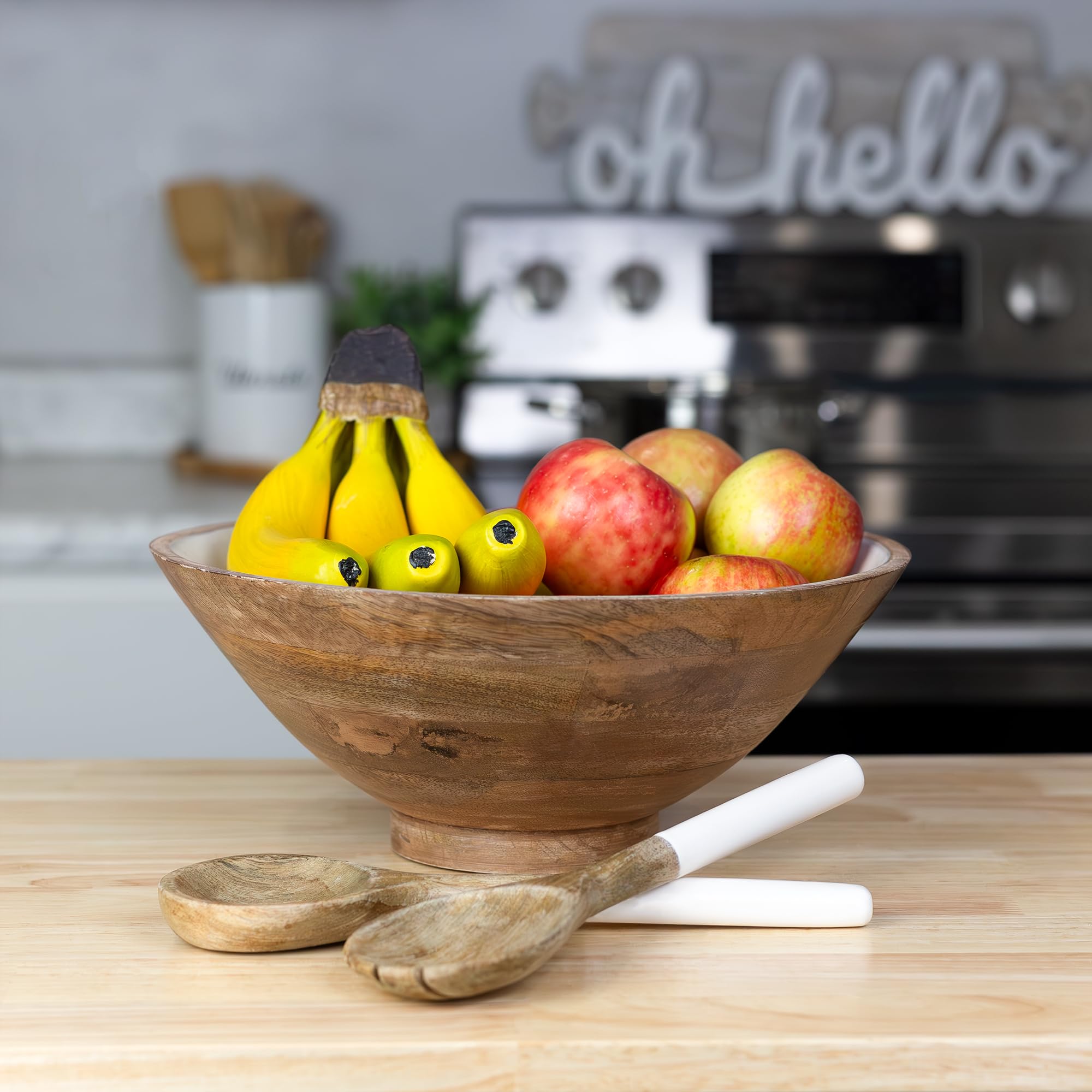 AuldHome Wooden Salad Bowl Set (Large Serving Bowl w/Utensils); Salad Serving Set in Mango Wood