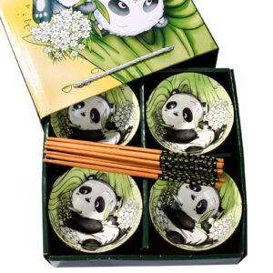 bosili cute panda rice bowls and chopsticks set, ceramic rice bowls for dessert soup rice as a good gift (4 pieces)