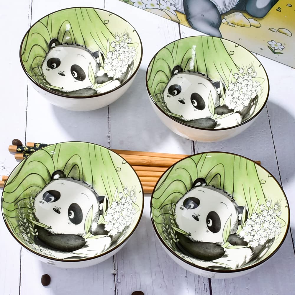 BOSILI Cute Panda Rice Bowls and Chopsticks set, Ceramic Rice Bowls for Dessert Soup Rice As A Good Gift (4 pieces)