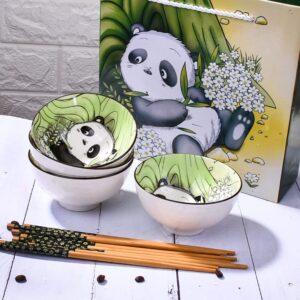 BOSILI Cute Panda Rice Bowls and Chopsticks set, Ceramic Rice Bowls for Dessert Soup Rice As A Good Gift (4 pieces)