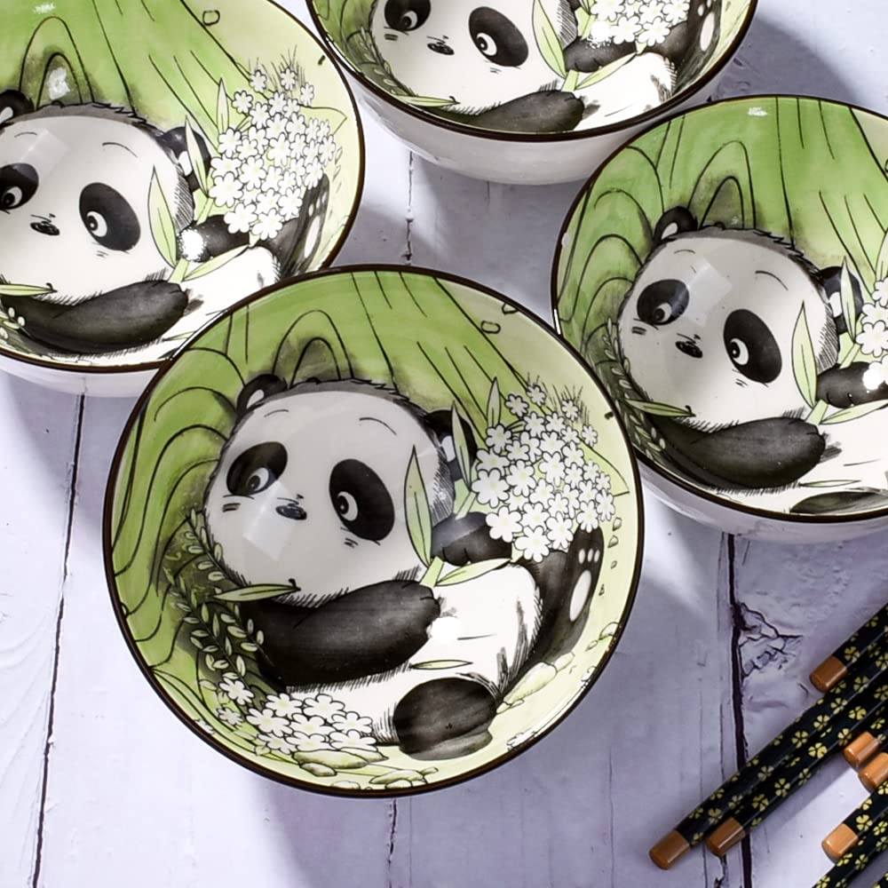 BOSILI Cute Panda Rice Bowls and Chopsticks set, Ceramic Rice Bowls for Dessert Soup Rice As A Good Gift (4 pieces)