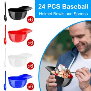 24 Pieces Baseball Helmet Ice Cream Snack Bowl 8 oz Mini Baseball Cap Bowls Mini Plastic Sundae Bowls Kid Helmet Bowl with 24 Dessert Spoons for Birthday Party Supplies (Red, Blue, Black, White)