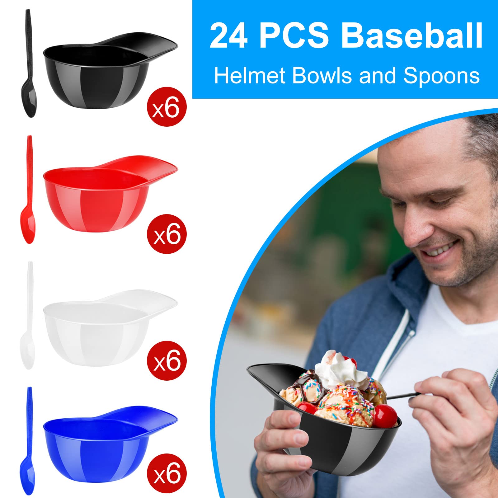 24 Pieces Baseball Helmet Ice Cream Snack Bowl 8 oz Mini Baseball Cap Bowls Mini Plastic Sundae Bowls Kid Helmet Bowl with 24 Dessert Spoons for Birthday Party Supplies (Red, Blue, Black, White)