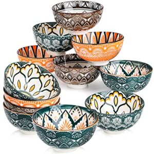 foraineam 12 pack porcelain bowls, 10 ounces small bowl set, colorful floral round bowl for soup, ice cream, snacks, rice, salad, fruits, side dishes, dishwasher and microwave safe