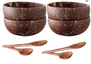 hvt global coconut bowls and spoons set of 4-100% natural, organic, eco-friendly coconut bowls and spoons made in ben tre, vietnam (set of 4 coconut bowls and 4 spoons)