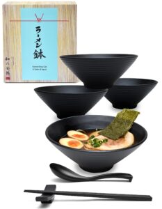 apex s.k. 4 sets 30 ounce japanese ramen noodle soup bowl melamine hard plastic dishware ramen bowl set with matching spoon and chopsticks for udon soba pho asian noodles