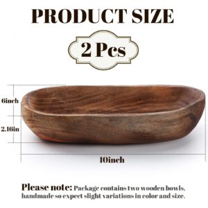 2 Pcs Wooden Dough Bowls for Decor 10 Inch Decorative Bowl Home Decor Oblong Fruit Bowl for Kitchen Counter Rustic Carved Wood Serving Bowl Long Wooden Bread Tray for Dining Room Table Centerpiece