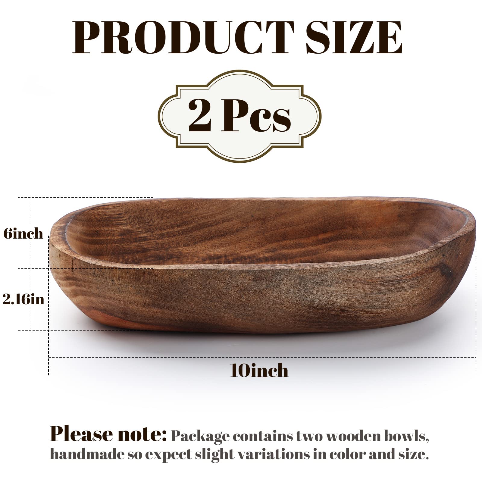 2 Pcs Wooden Dough Bowls for Decor 10 Inch Decorative Bowl Home Decor Oblong Fruit Bowl for Kitchen Counter Rustic Carved Wood Serving Bowl Long Wooden Bread Tray for Dining Room Table Centerpiece