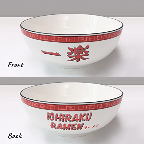 shiningsoul 4 PCS 一樂 Ramen Bowl Set - 60 OZ/ 1.8 QT Large Ceramic Bowls + Wooden Spoon & Chopsticks + Bowl Mat - 8" Big Salad Bowl, Dishwasher & Microwave Safe - Great Gift Idea For Anime Fans