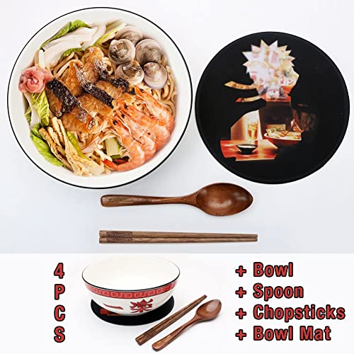 shiningsoul 4 PCS 一樂 Ramen Bowl Set - 60 OZ/ 1.8 QT Large Ceramic Bowls + Wooden Spoon & Chopsticks + Bowl Mat - 8" Big Salad Bowl, Dishwasher & Microwave Safe - Great Gift Idea For Anime Fans