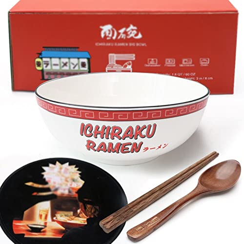 shiningsoul 4 PCS 一樂 Ramen Bowl Set - 60 OZ/ 1.8 QT Large Ceramic Bowls + Wooden Spoon & Chopsticks + Bowl Mat - 8" Big Salad Bowl, Dishwasher & Microwave Safe - Great Gift Idea For Anime Fans