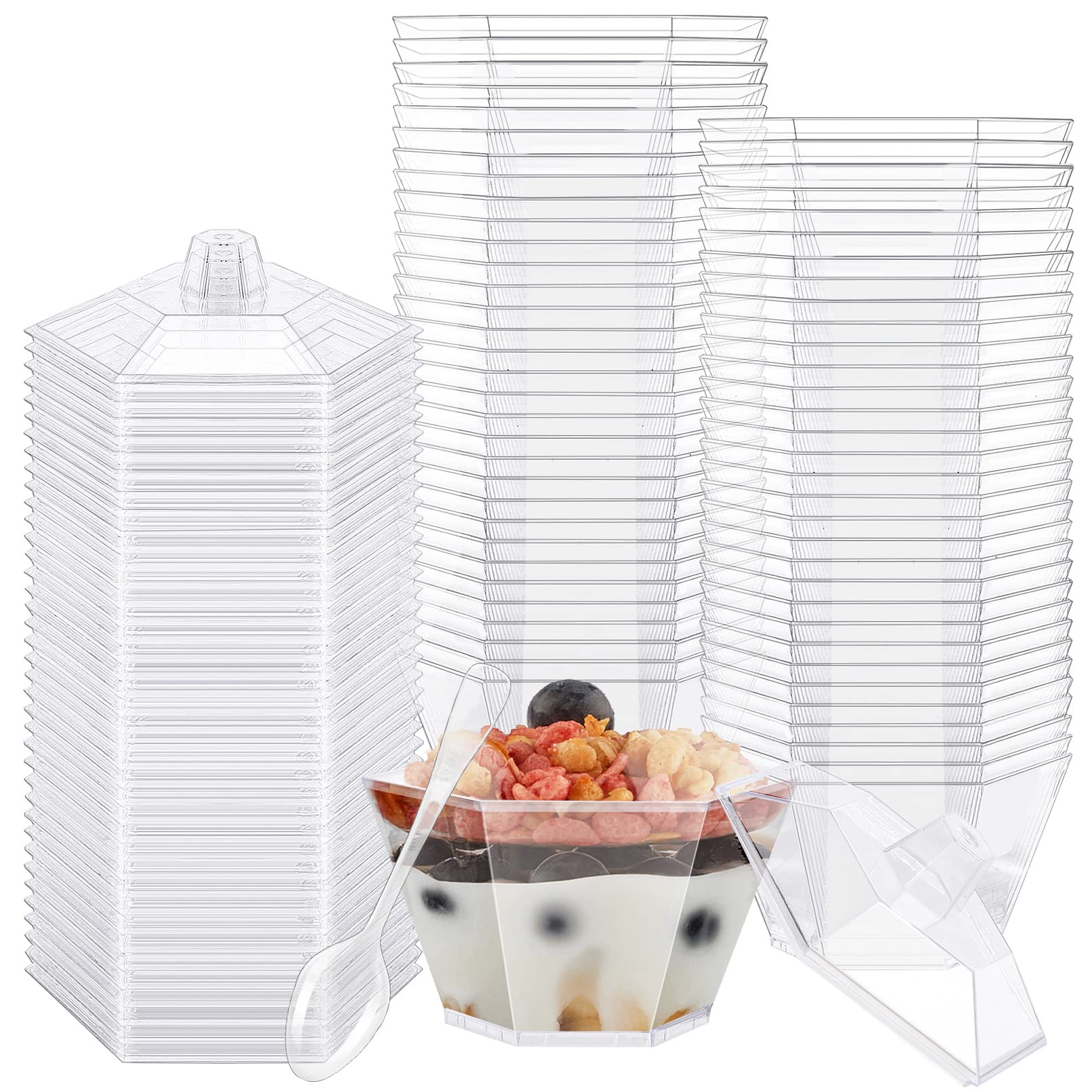 50 Pack Clear Plastic Dessert Cups with 50 Lids and 50 Spoons,3.3oz Hexagonal Parfait Cups Appetizer Cups,Disposable Mini Dessert Cups Tumbler Serving Cups for Desserts,Appetizers,Mousse,Puddings