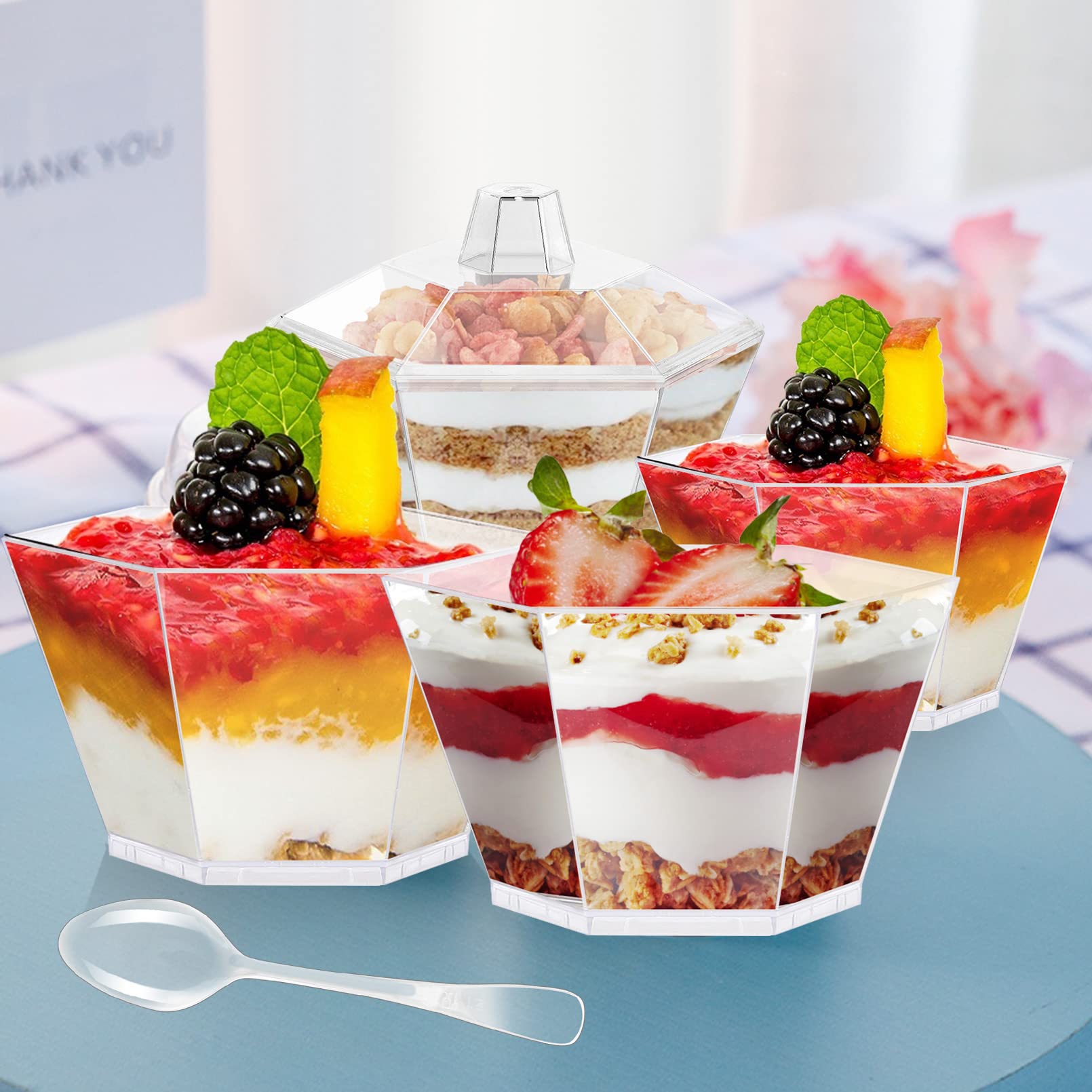 50 Pack Clear Plastic Dessert Cups with 50 Lids and 50 Spoons,3.3oz Hexagonal Parfait Cups Appetizer Cups,Disposable Mini Dessert Cups Tumbler Serving Cups for Desserts,Appetizers,Mousse,Puddings