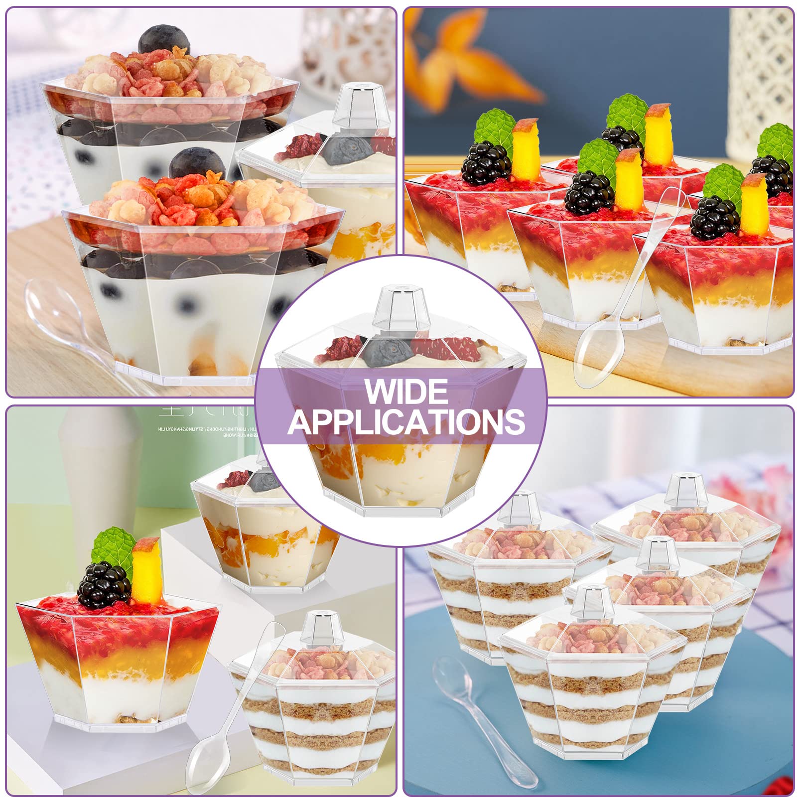 50 Pack Clear Plastic Dessert Cups with 50 Lids and 50 Spoons,3.3oz Hexagonal Parfait Cups Appetizer Cups,Disposable Mini Dessert Cups Tumbler Serving Cups for Desserts,Appetizers,Mousse,Puddings