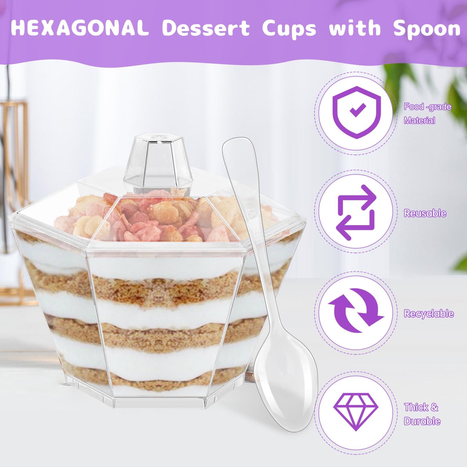 50 Pack Clear Plastic Dessert Cups with 50 Lids and 50 Spoons,3.3oz Hexagonal Parfait Cups Appetizer Cups,Disposable Mini Dessert Cups Tumbler Serving Cups for Desserts,Appetizers,Mousse,Puddings