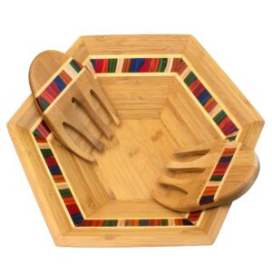 baltique marrakesh collection 14" salad serving bowl with salad hands, bamboo and colored birch wood