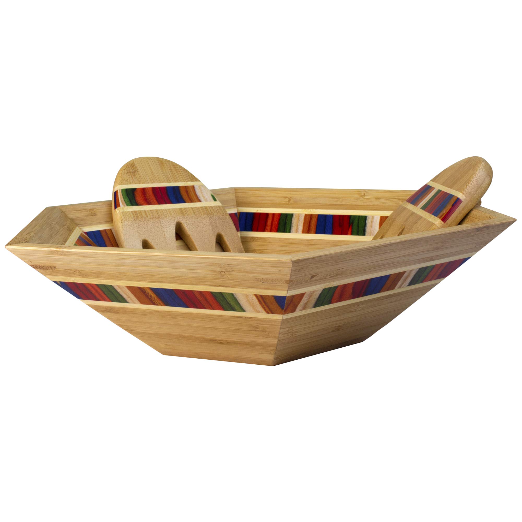 Baltique Marrakesh Collection 14" Salad Serving Bowl with Salad Hands, Bamboo and Colored Birch Wood