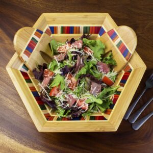 Baltique Marrakesh Collection 14" Salad Serving Bowl with Salad Hands, Bamboo and Colored Birch Wood