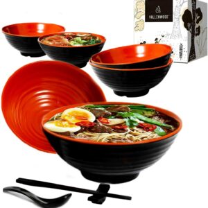 VALLENWOOD 6 Ramen Bowls, 18 pieces Pho set. Red Black Asian Japanese soup. Utensil: Spoons And Chopsticks kit. Melamine. Large 37 oz. Noodles, Rice, Udon, Thai, Chinese, Korean, Wonton, Miso