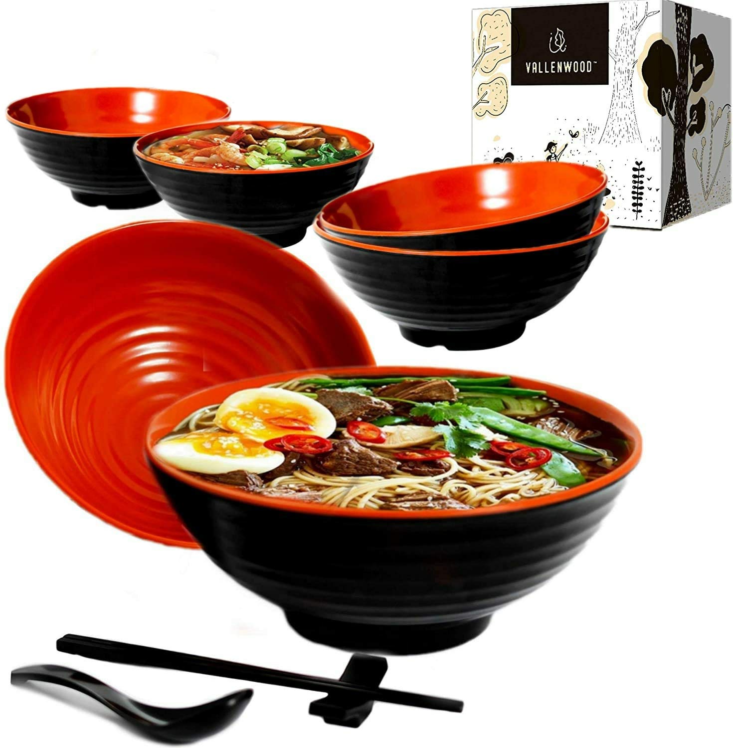 VALLENWOOD 6 Ramen Bowls, 18 pieces Pho set. Red Black Asian Japanese soup. Utensil: Spoons And Chopsticks kit. Melamine. Large 37 oz. Noodles, Rice, Udon, Thai, Chinese, Korean, Wonton, Miso