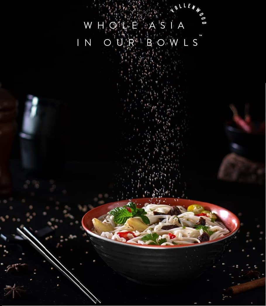 VALLENWOOD 6 Ramen Bowls, 18 pieces Pho set. Red Black Asian Japanese soup. Utensil: Spoons And Chopsticks kit. Melamine. Large 37 oz. Noodles, Rice, Udon, Thai, Chinese, Korean, Wonton, Miso