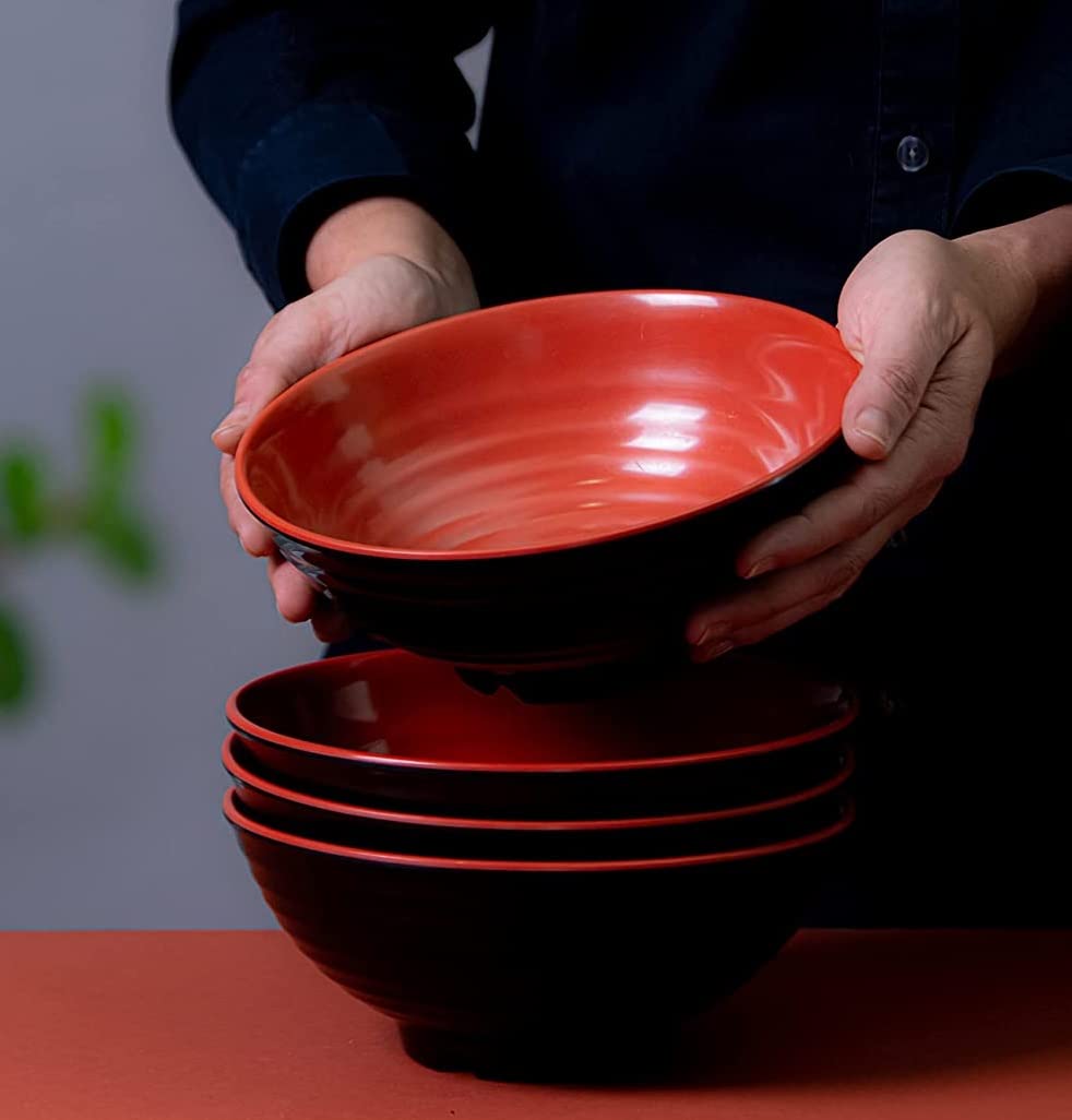 VALLENWOOD 6 Ramen Bowls, 18 pieces Pho set. Red Black Asian Japanese soup. Utensil: Spoons And Chopsticks kit. Melamine. Large 37 oz. Noodles, Rice, Udon, Thai, Chinese, Korean, Wonton, Miso