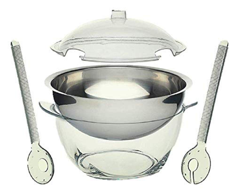 Home Essentials 5 PC Jumbo Stainless Steel Salad Bowl Set with Ice Chiller Base and Acrylic Dome Lid.