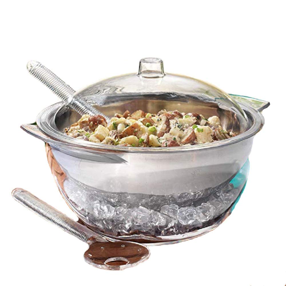 Home Essentials 5 PC Jumbo Stainless Steel Salad Bowl Set with Ice Chiller Base and Acrylic Dome Lid.