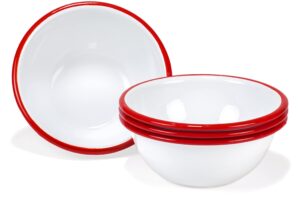 red co. set of 4 enamelware metal classic 20 oz round cereal bowl, solid white/red rim