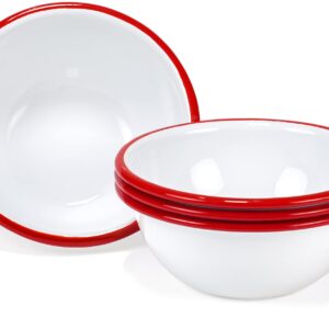 Red Co. Set of 4 Enamelware Metal Classic 20 oz Round Cereal Bowl, Solid White/Red Rim