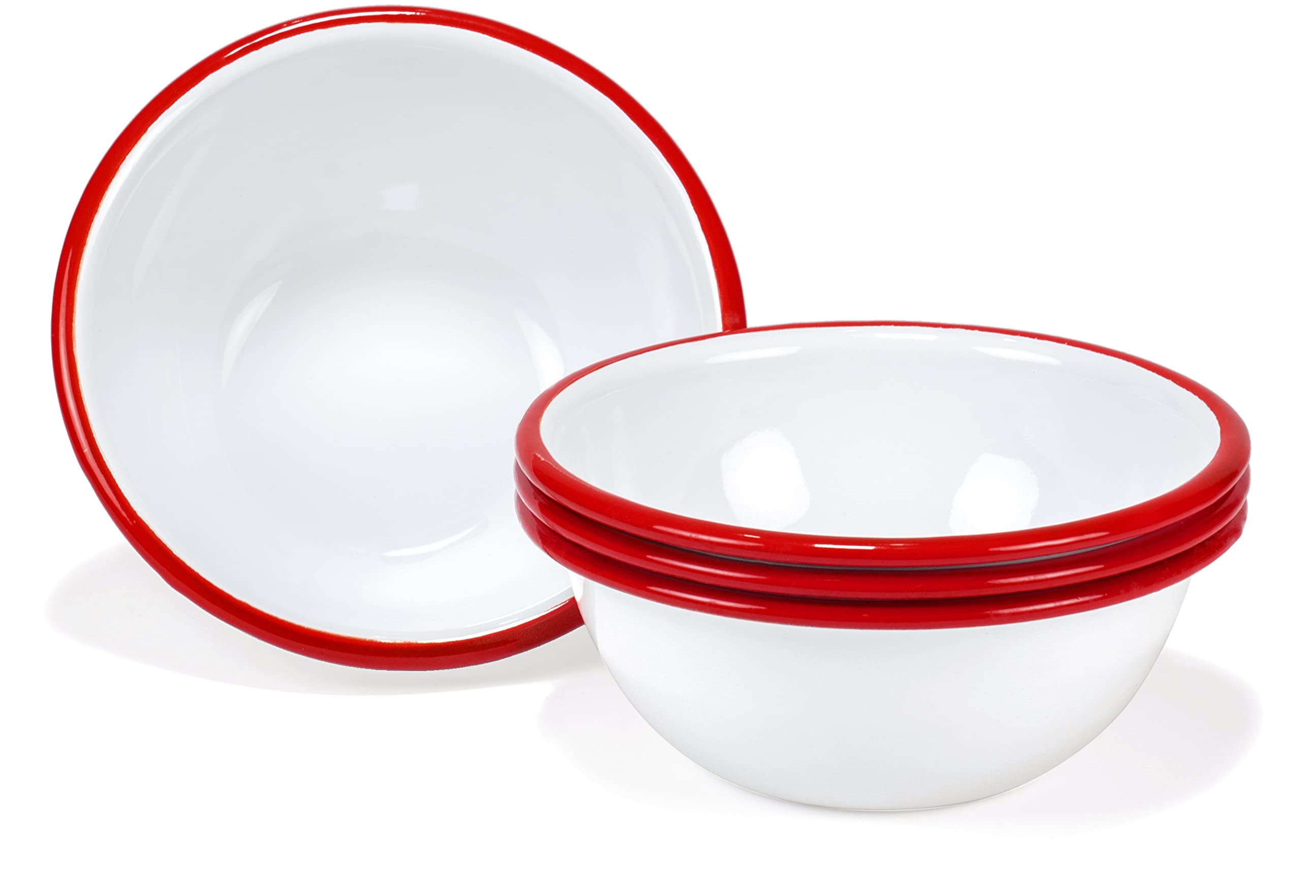 Red Co. Set of 4 Enamelware Metal Classic 20 oz Round Cereal Bowl, Solid White/Red Rim