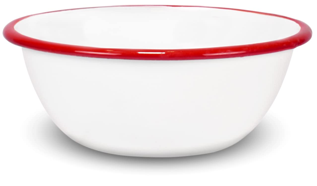 Red Co. Set of 4 Enamelware Metal Classic 20 oz Round Cereal Bowl, Solid White/Red Rim